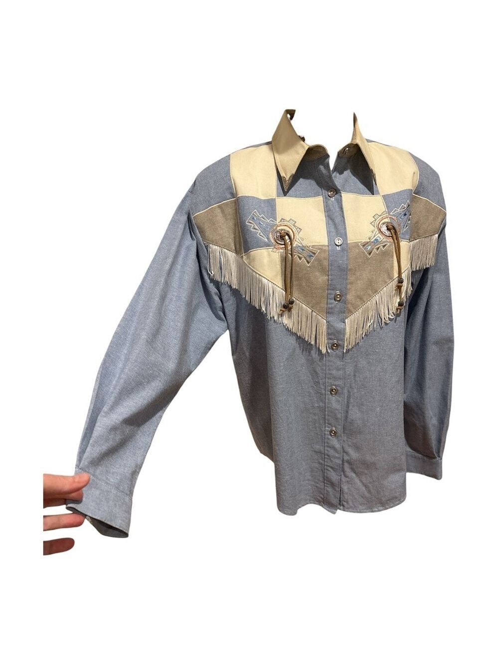 80s WESTERN 1849 AUTHENTIC RANCHWEAR COWGIRL BUTTON DOWN BLOUSE W FRINGE SZ L